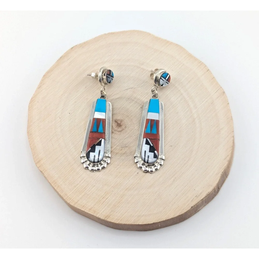 Zuni Multi Stone Inlay Turquoise Drop Earrings Native American Sterling Jewelry*